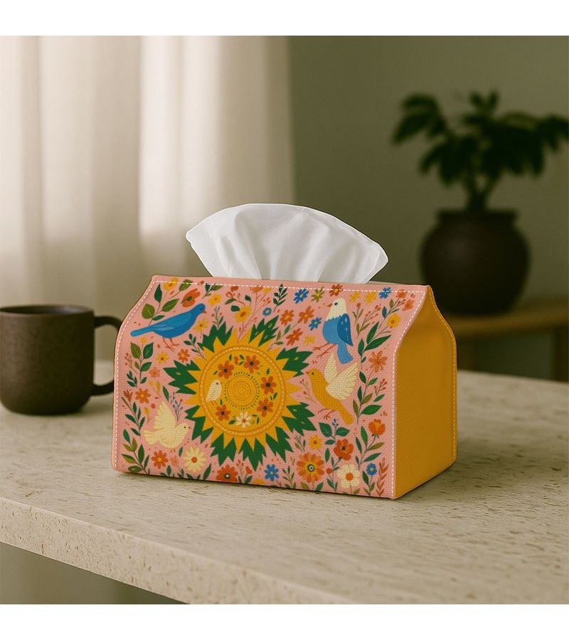 Folk Art 1pc Birds Sun Floral Fabric Tissue Box 18cm X 13cm Multi Use Storage Organizer For Kitchen Dining Table Decorative Napkin Holder Chic And Practical For Home Or Vehicle Use Ideal For Tissues And Napkins - Image 2