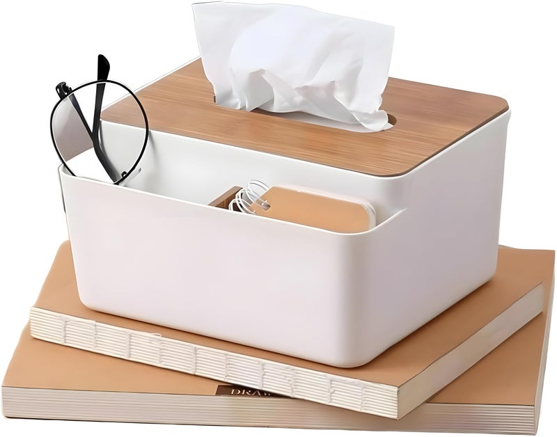 Jinila Plastic Tissue Paper Box Holder with Wooden Cover and 2 Compartment Tissue Holder Dispenser Organizer for Home, Office and Vanity (Pack of 1, White) - Image 1