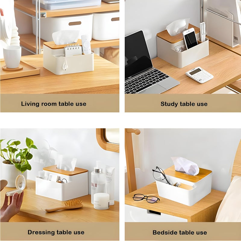 Jinila Plastic Tissue Paper Box Holder with Wooden Cover and 2 Compartment Tissue Holder Dispenser Organizer for Home, Office and Vanity (Pack of 1, White) - Image 3