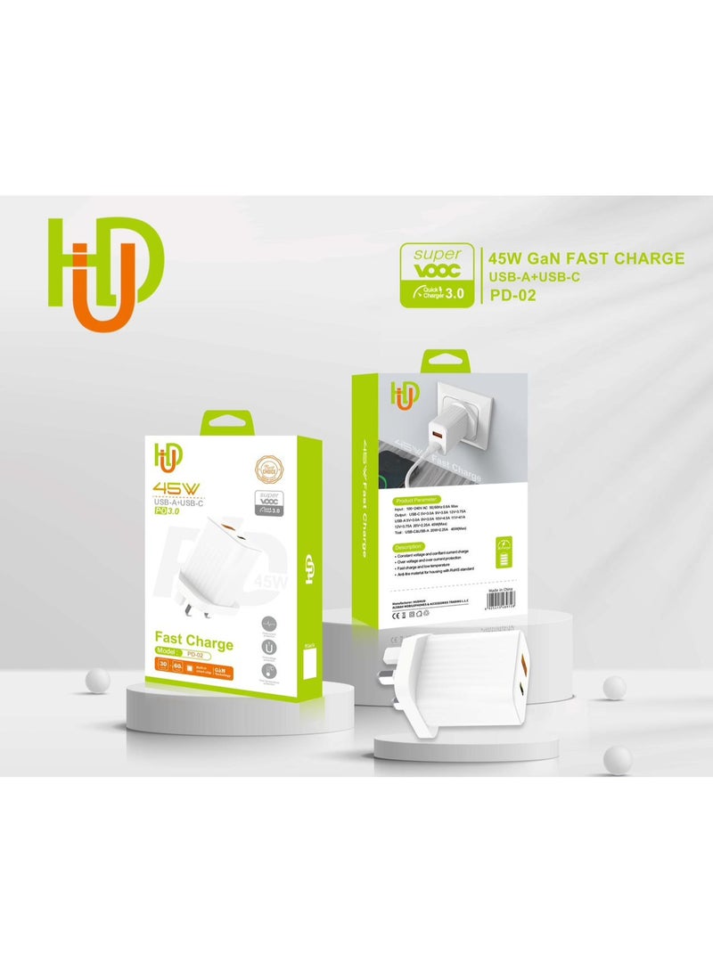 HD 45W GaN USB Charger - Fast Charging with USB-A & USB-C Ports - PD-02 - Super VOOC 3.0 Quick Charge - Image 2