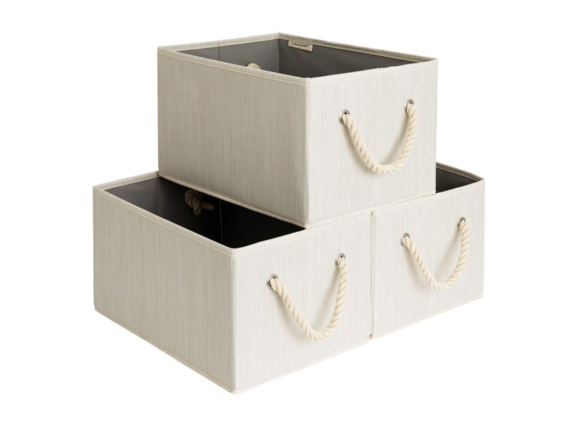Storageworks Large Storage Baskets For Organizing  Foldable Storage Baskets For Shelves  Fabric Storage Bins With Handles  Decorative Shelf Baskets  Beige  White & Ivory  3-Pack - Image 1