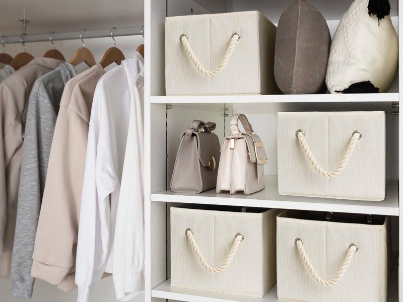 Storageworks Large Storage Baskets For Organizing  Foldable Storage Baskets For Shelves  Fabric Storage Bins With Handles  Decorative Shelf Baskets  Beige  White & Ivory  3-Pack - Image 4