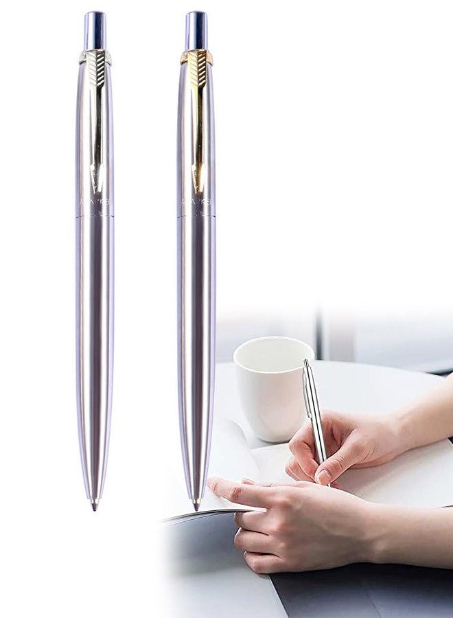2 Pcs Sliver Click Ballpoint Pens - Black ink Medium Point(1 mm), Stainless Steel Metallic Retractable Pen - Image 1