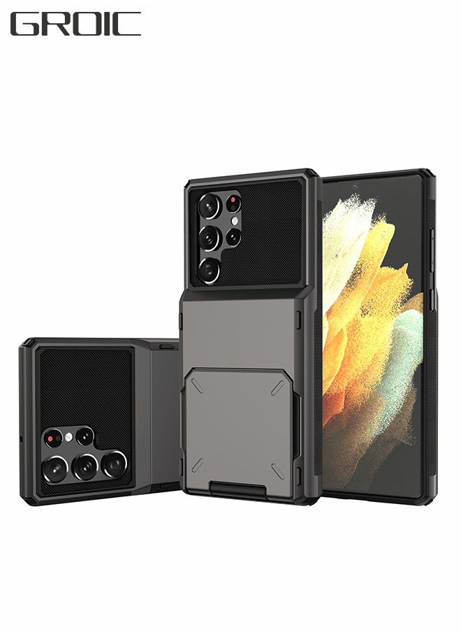 GROIC For Samsung S22 Ultra Case with Card Holder 5G 6.8 Inch Slim Double Layer Heavy Duty Protection Galaxy S22 Ultra Case Back Flip Card Slot Wallet Case for Samsung S22 Ultra(Black)  - Image 1