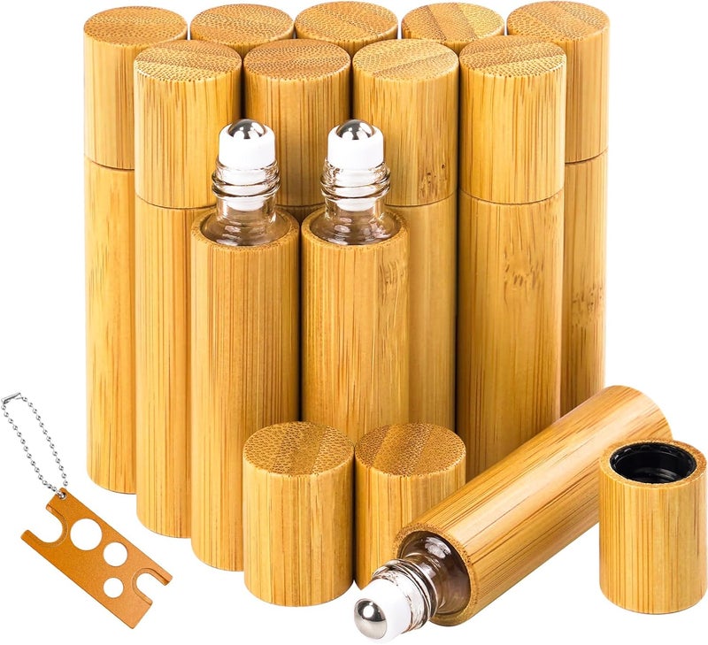 AUHOKY 12Pcs 10ml Bamboo Roll on Bottles for Essential Oils, Portable Massage Oil Bottle with Stainless Steel Roller Ball, Reusable Travel Perfumes Sample Lip Gloss Container (1 Opener)