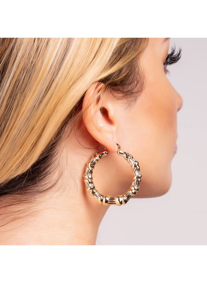 Barzel 18k Gold Plated Bamboo Hoop Earrings for Women, 40MM X 40MM - Made In Brazil - Image 2
