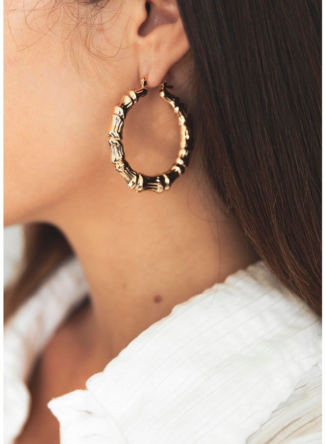 Barzel 18k Gold Plated Bamboo Hoop Earrings for Women, 40MM X 40MM - Made In Brazil - Image 5