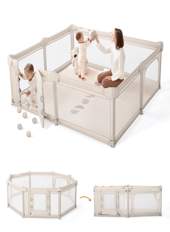 Sweeby Foldable Baby Playpen, 79x71 Inch Baby Gate Playpens for Babies and Toddlers Extra Large Play Yard with Door Child Fence and Indoor Play Pen, Beige - Image 1