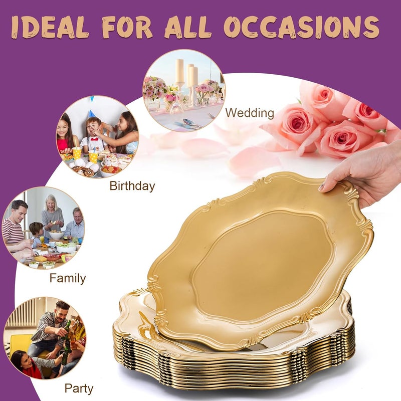 ZOOFOX Set of 12 Antique Gold Charger Plates 13 Round Embossed Chargers for Dinner Plates Decorative Plate Chargers with Engraved Baroque Rim for Dinner Table Wedding Party Event Supplies - Image 5