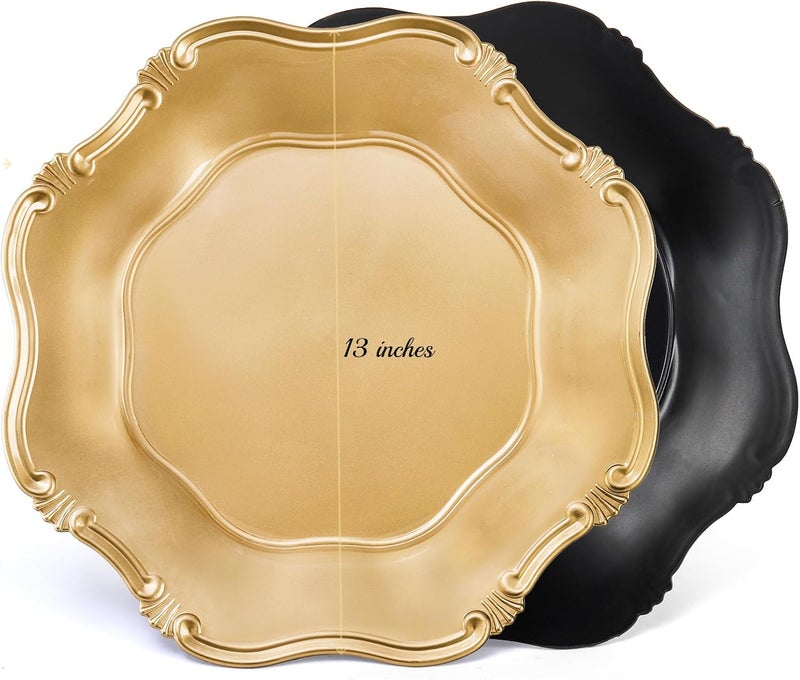 ZOOFOX Set of 12 Antique Gold Charger Plates 13 Round Embossed Chargers for Dinner Plates Decorative Plate Chargers with Engraved Baroque Rim for Dinner Table Wedding Party Event Supplies - Image 2