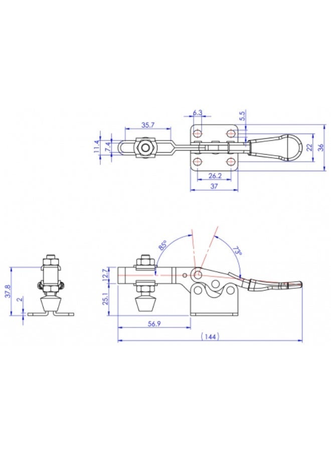GH-201-B Horizontal Toggle Clamp, 90kg Holding Capacity, 85° Bar Opening, with Flanged Washers - Image 2