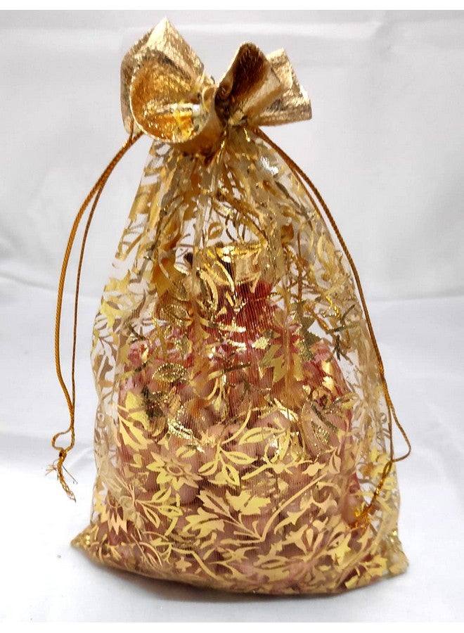 3A Featuretail 6 Inch x 8 Inch Net Fabric Drawstring Pouch for Dry Fruits Packing, Organza Shagun Potli, Bags for Return Gifts Pack, Pouches For Jewellery (Pack of 50, Gold) - Image 1