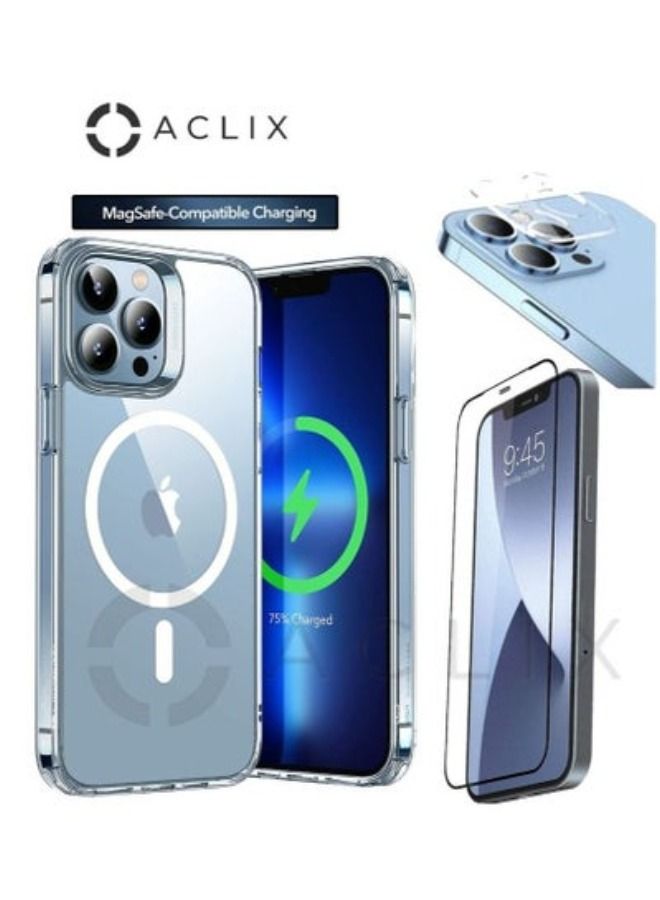 3-في 1 صدمات واقية ماغسيف متوافق شحن حالة غطاء ل أبل فون 14 برو مع 3 د الزجاج المقسى واقي للشاشة واضح / أسود و عدسة الكاميرا