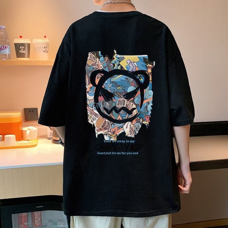 Short-Sleeved T-Shirt for Men in Summer Hong Kong Style Ins Trendy Brand Couple Wear Loose Devil Smiley Print Five-Point Half-Sleeved T-Shirt - Image 4