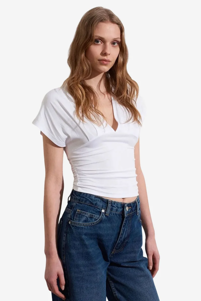 Dilvin White DILVIN Slim Fit V-Neck Tie Detail Blouse for Women | Best Price UAE