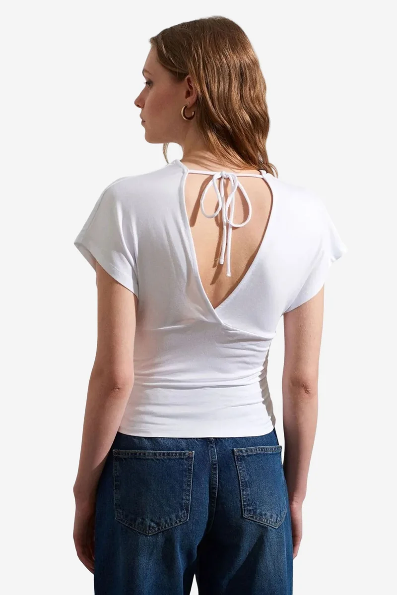 Dilvin White DILVIN Slim Fit V-Neck Tie Detail Blouse for Women | Best Price UAE