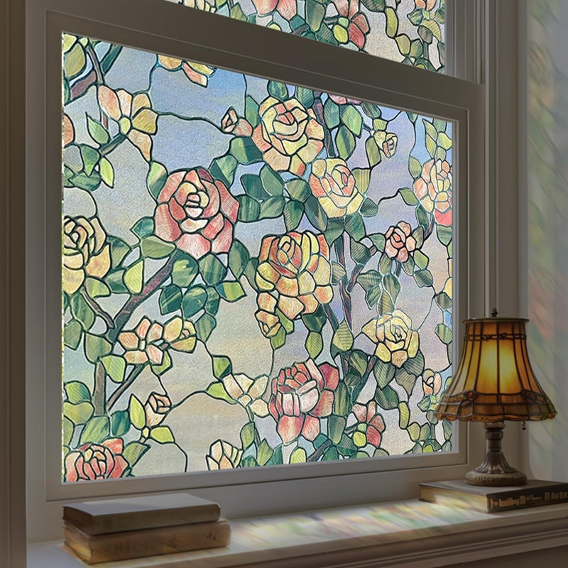 ADD.HERES Stained Glass Window Film, 3D Decorative Window Privacy Film for Bathroom,Front Door,Home, Sun Blocking Heat Control,Static Cling, The Beast's Rose 17.3inch x 47.2inch - Image 1