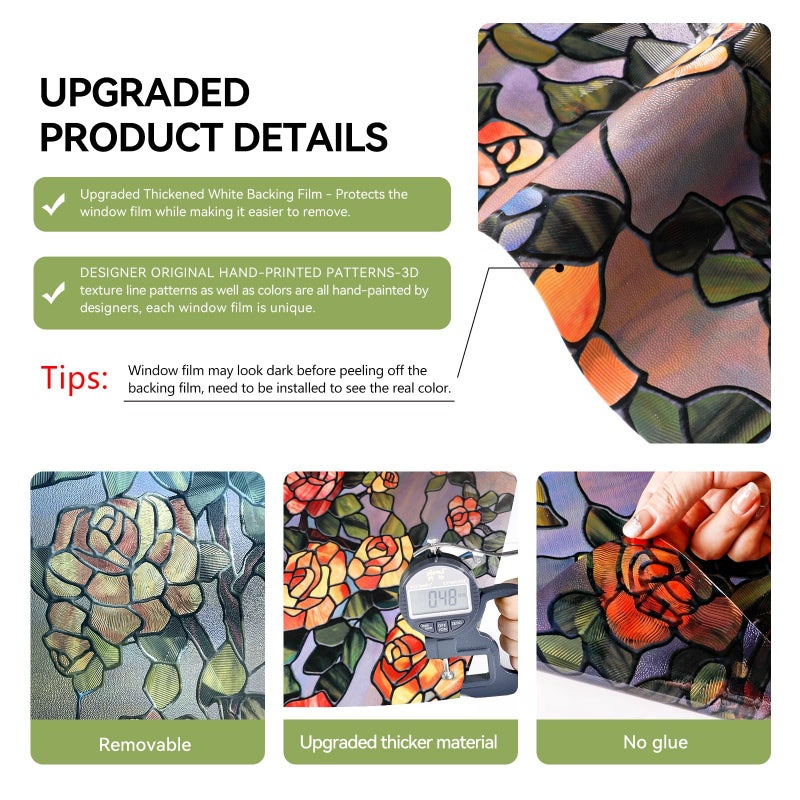 ADD.HERES Stained Glass Window Film, 3D Decorative Window Privacy Film for Bathroom,Front Door,Home, Sun Blocking Heat Control,Static Cling, The Beast's Rose 17.3inch x 47.2inch - Image 4