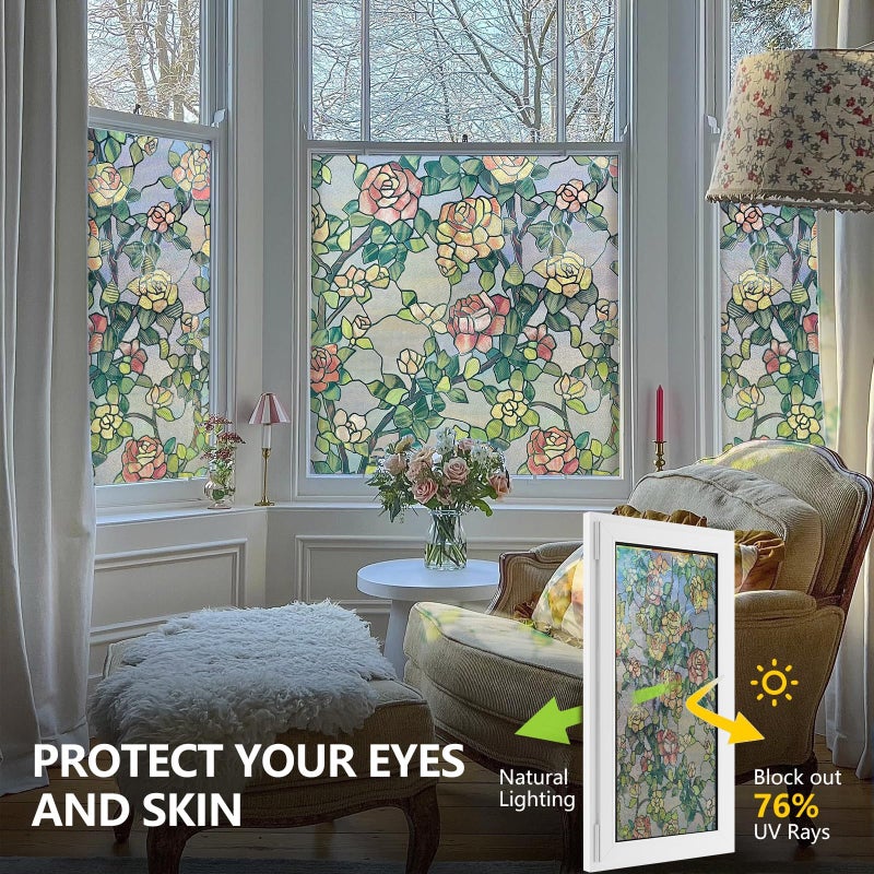 ADD.HERES Stained Glass Window Film, 3D Decorative Window Privacy Film for Bathroom,Front Door,Home, Sun Blocking Heat Control,Static Cling, The Beast's Rose 17.3inch x 47.2inch - Image 3