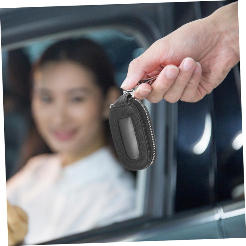 Genuine Leather Car Key Case Portable Zippered Key Holder Pouch For Men Women Compact Keychain Bag - Image 3