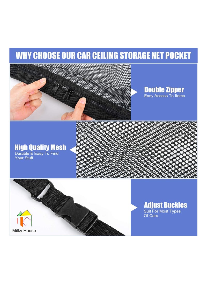 SYOSI Car Ceiling Storage Net, Universal Roof Net Bag, Car Roof Interior Sundries Mesh Cargo Net Breathable Adjustable with Zipper for Most Car SUV MPV Truck Plus Mounting Points