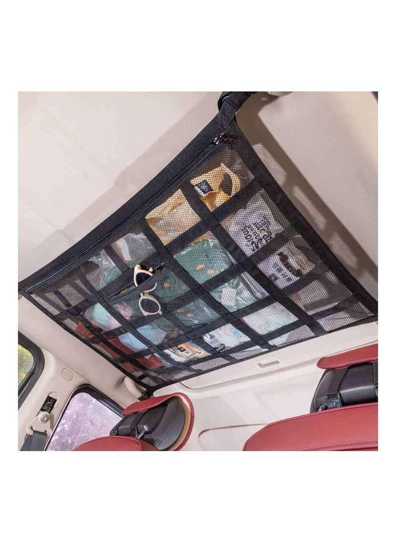 SYOSI Car Ceiling Storage Net, Universal Roof Net Bag, Car Roof Interior Sundries Mesh Cargo Net Breathable Adjustable with Zipper for Most Car SUV MPV Truck Plus Mounting Points
