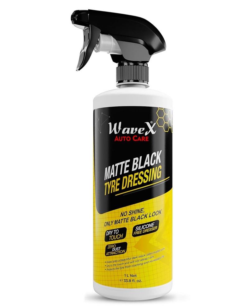 Wavex Matte Black Tyre Dressing (1L) Tyre Polish for Car | Liquid Car Tyre Polish for Dry to Touch, Matte Finish | Tyre Polish with Zero Dust Attraction - Image 1