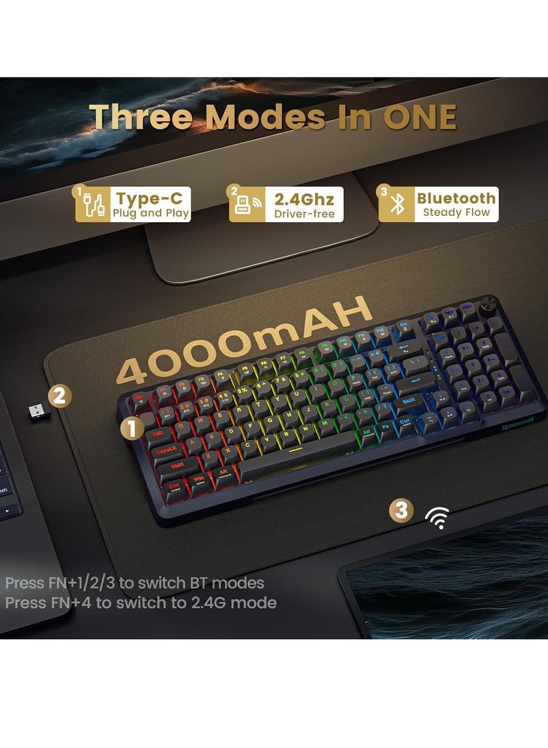 ريدراجون لوحة مفاتيح الألعاب الميكانيكية اللاسلكية K688-RGB-BRAGI PRO، لوحة مفاتيح RGB مثبتة على حشوة بثلاثة أوضاع مع مقبض الصوت، مفاتيح خطية مشحمة مسبقًا، بروفايل MDA، 98 مفتاحًا قابلاً للتبديل الساخن، لوحة مفاتيح كريمية لجهاز الكمبيوتر/اللوحة/إكس بوكس/PS4 - Image 5