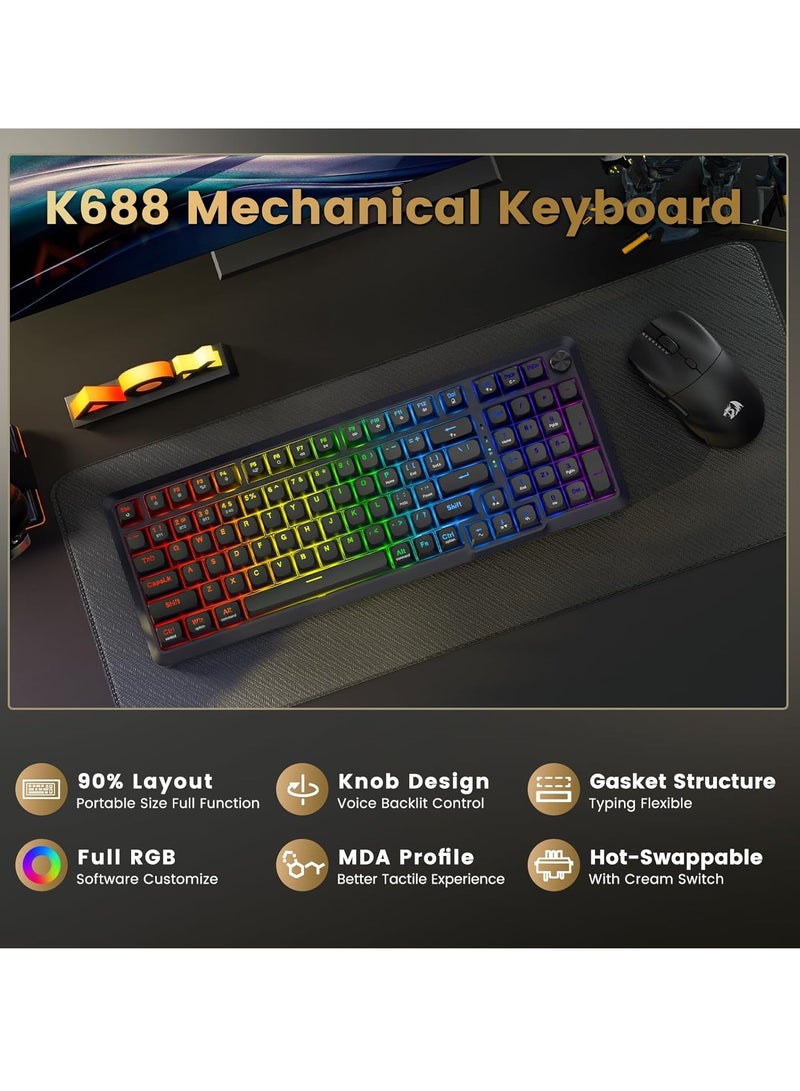 ريدراجون لوحة مفاتيح الألعاب الميكانيكية اللاسلكية K688-RGB-BRAGI PRO، لوحة مفاتيح RGB مثبتة على حشوة بثلاثة أوضاع مع مقبض الصوت، مفاتيح خطية مشحمة مسبقًا، بروفايل MDA، 98 مفتاحًا قابلاً للتبديل الساخن، لوحة مفاتيح كريمية لجهاز الكمبيوتر/اللوحة/إكس بوكس/PS4 - Image 2