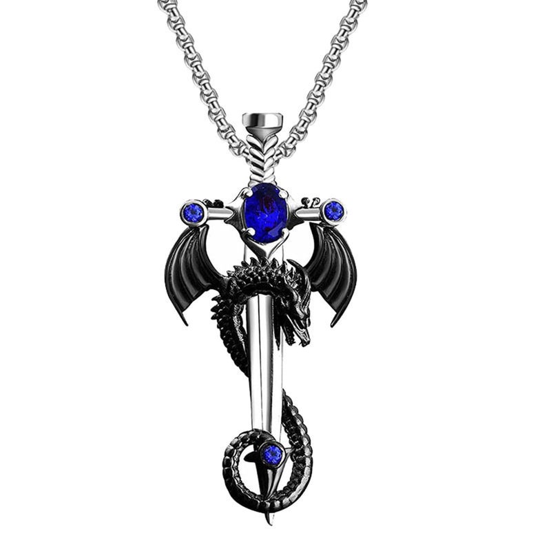FUTIMELY Gothic Sword Dragon Necklace Vintage Wrapped Cross Pendant Punk Zircon Halloween Dark Gothic Jewelry for Men Women (Blue) - Image 1