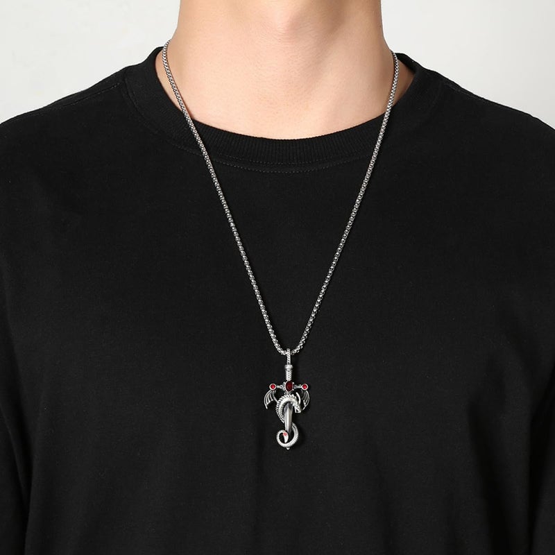 FUTIMELY Gothic Sword Dragon Necklace Vintage Wrapped Cross Pendant Punk Zircon Halloween Dark Gothic Jewelry for Men Women (Blue) - Image 4