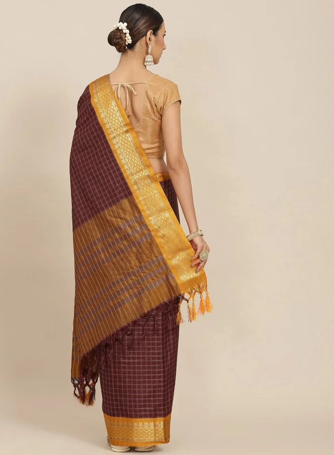 ISHIN Maroon & Orange Checked Zari Silk Cotton Saree