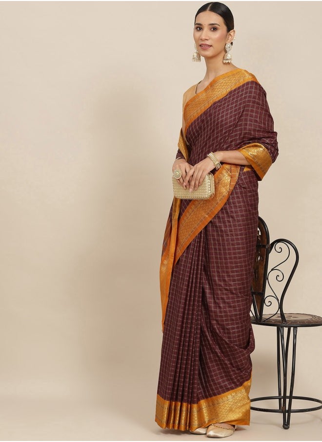 ISHIN Maroon & Orange Checked Zari Silk Cotton Saree  - Image 2