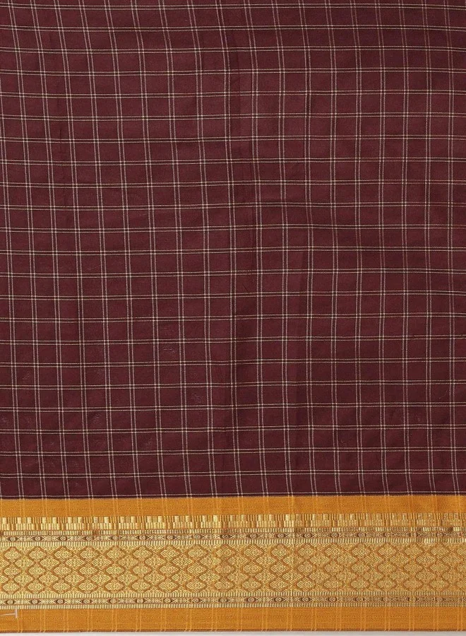 ISHIN Maroon & Orange Checked Zari Silk Cotton Saree