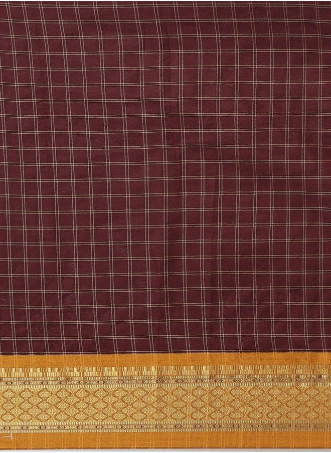 ISHIN Maroon & Orange Checked Zari Silk Cotton Saree  - Image 4