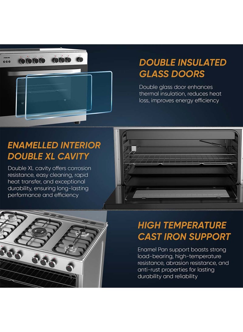 NIKAI 90x60cm 5 Burner FreestAnding Gas Cooker With Original Italian oven And grill, Full safety, Auto-Ignition For Burners, Grill And oven, Cast Iron Pan Supports, Timer, Turnspit, Made in Egypt U6090EG Silver - Image 3