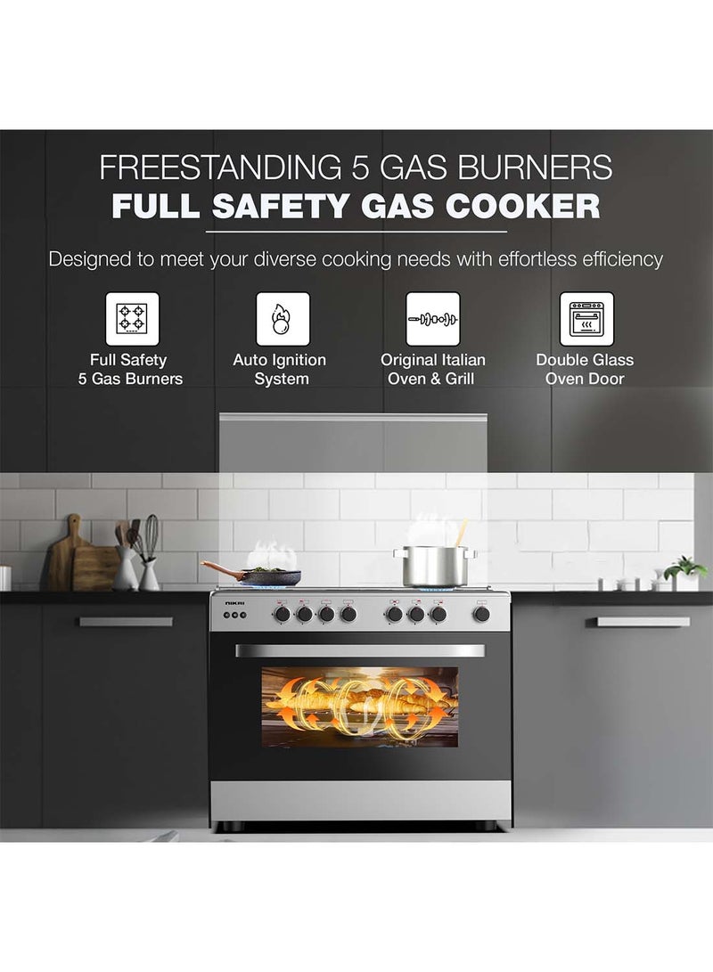 NIKAI 90x60cm 5 Burner FreestAnding Gas Cooker With Original Italian oven And grill, Full safety, Auto-Ignition For Burners, Grill And oven, Cast Iron Pan Supports, Timer, Turnspit, Made in Egypt U6090EG Silver - Image 2