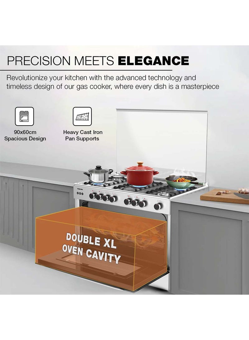 NIKAI 90x60cm 5 Burner FreestAnding Gas Cooker With Original Italian oven And grill, Full safety, Auto-Ignition For Burners, Grill And oven, Cast Iron Pan Supports, Timer, Turnspit, Made in Egypt U6090EG Silver - Image 5