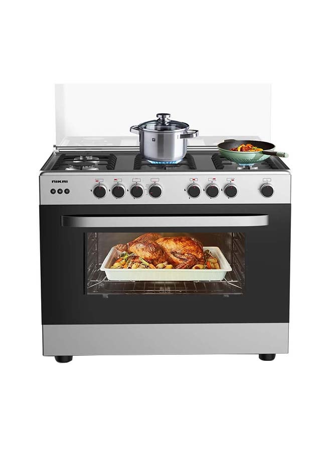 NIKAI 90x60cm 5 Burner FreestAnding Gas Cooker With Original Italian oven And grill, Full safety, Auto-Ignition For Burners, Grill And oven, Cast Iron Pan Supports, Timer, Turnspit, Made in Egypt U6090EG Silver - Image 1