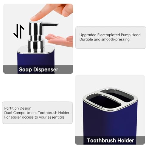 RRM Navy Blue Bathroom Accessories 2 Pieces, Soap Dispenser and Toothbrush Holder Set for Boho Bathroom - Image 2