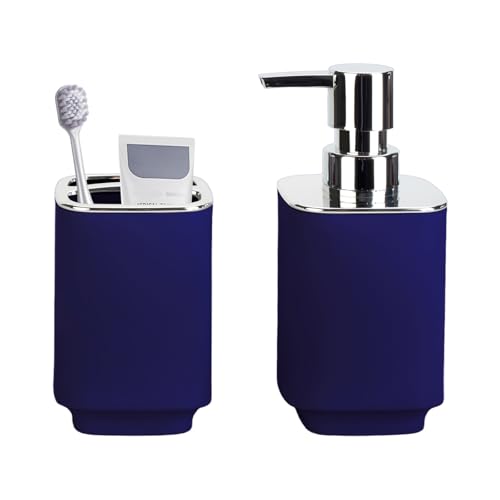 RRM Navy Blue Bathroom Accessories 2 Pieces, Soap Dispenser and Toothbrush Holder Set for Boho Bathroom - Image 1