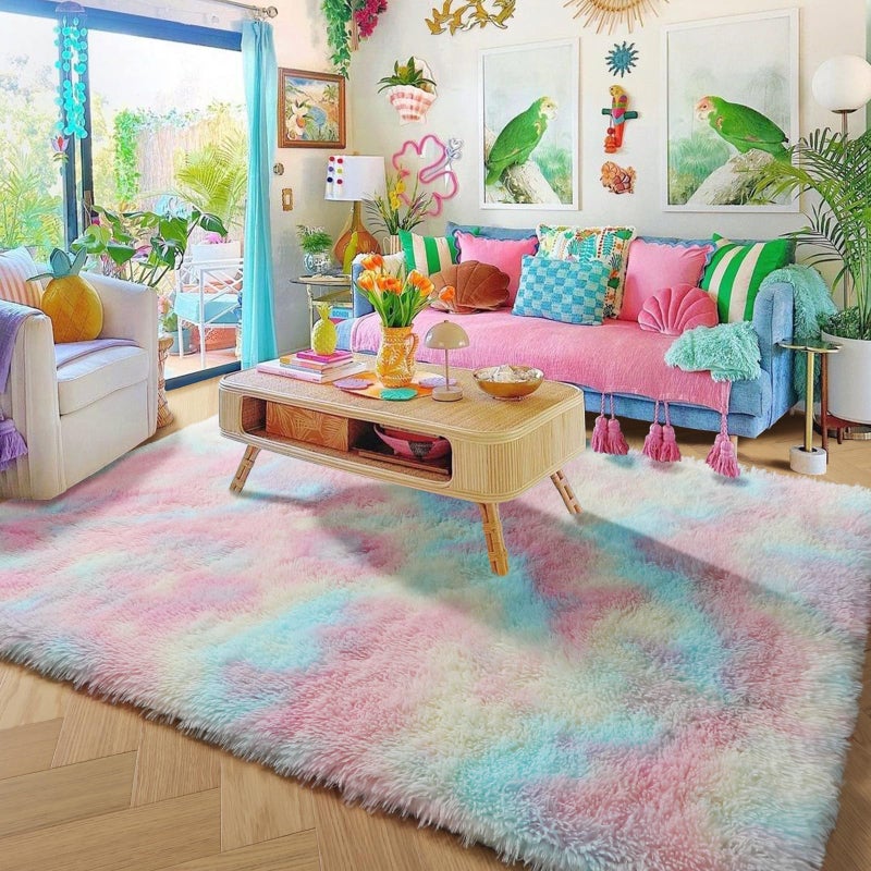 Amdrebio Rainbow Fluffy Rugs for Girls Bedroom  4x6 Rug  Unicorn Room Decor  Pastel Area Rug for Kids  Shag Carpet for Nursery  Soft Play Mat for Baby  Fuzzy Rug for Living Room  Plush Throw Rug for Playroom - Image 1