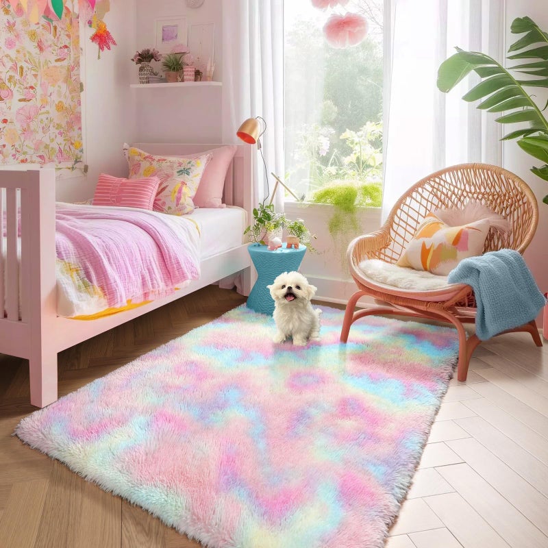 Amdrebio Rainbow Fluffy Rugs for Girls Bedroom  4x6 Rug  Unicorn Room Decor  Pastel Area Rug for Kids  Shag Carpet for Nursery  Soft Play Mat for Baby  Fuzzy Rug for Living Room  Plush Throw Rug for Playroom - Image 4