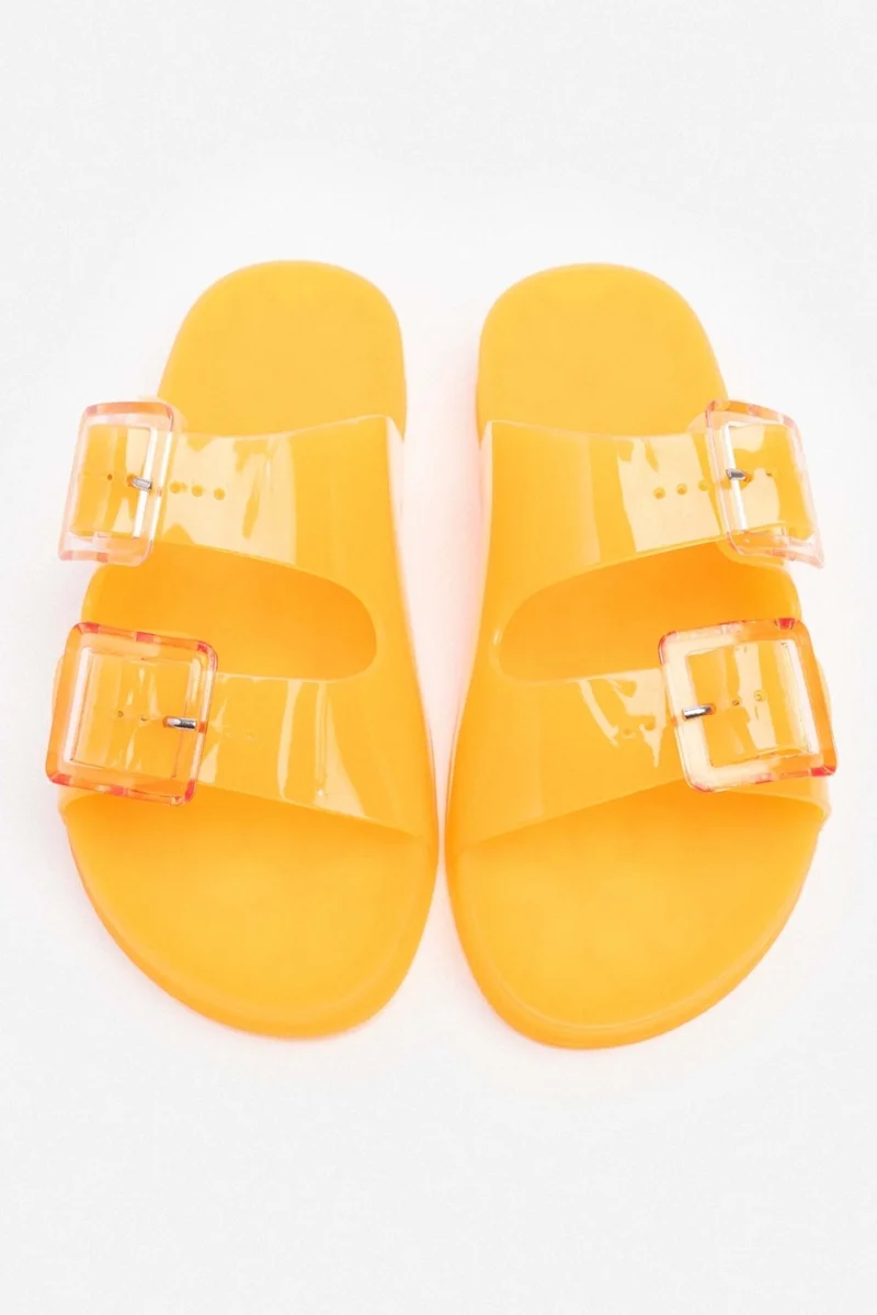 Nişantaşı Shoes Marlowe Transparent Orange Double Buckle Detail Flat Sole Women's Slippers
