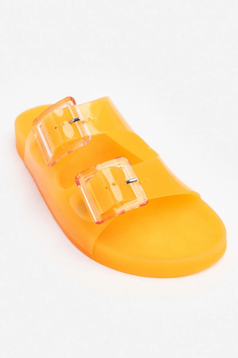 Nişantaşı Shoes Marlowe Transparent Orange Double Buckle Detail Flat Sole Women's Slippers