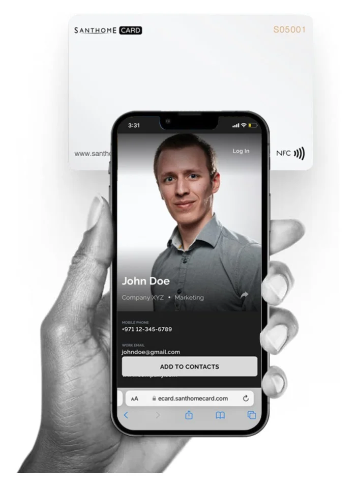 سانثوم بطاقة عمل رقمية ذكية بتقنية NFC للاتصال الفوري ووسائل التواصل الاجتماعي، بطاقة عمل إلكترونية تعمل بنظام iOS وAndroid باللون الأبيض