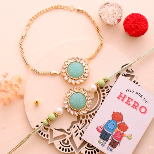 ascension Mens Couple Rakhi for Bhaiya Bhabhi Bracelet Set Magnet Gift for Brother Couple Band with You are My Hero Fridge Magnet for Gift & Roli Tilak - Image 1