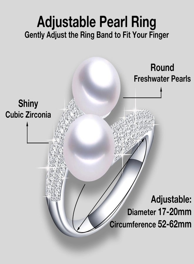 HENGSHENG Pearl Ring Open Twist Stacking Rings for Women Freshwater Bread Pearl with Zirconia Adjustable Crossover Statement Ring Band - White - Image 2