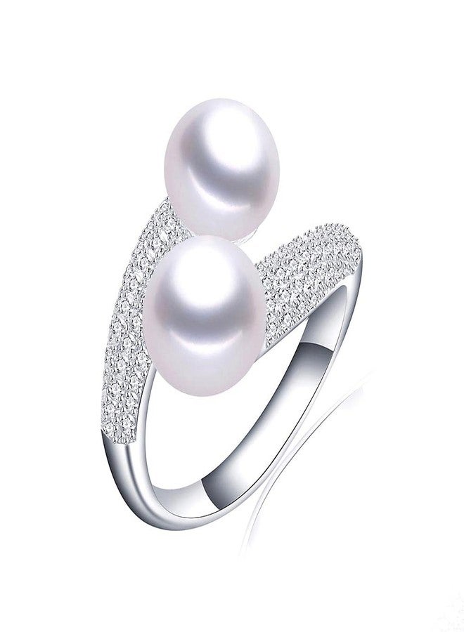 HENGSHENG Pearl Ring Open Twist Stacking Rings for Women Freshwater Bread Pearl with Zirconia Adjustable Crossover Statement Ring Band - White - Image 1
