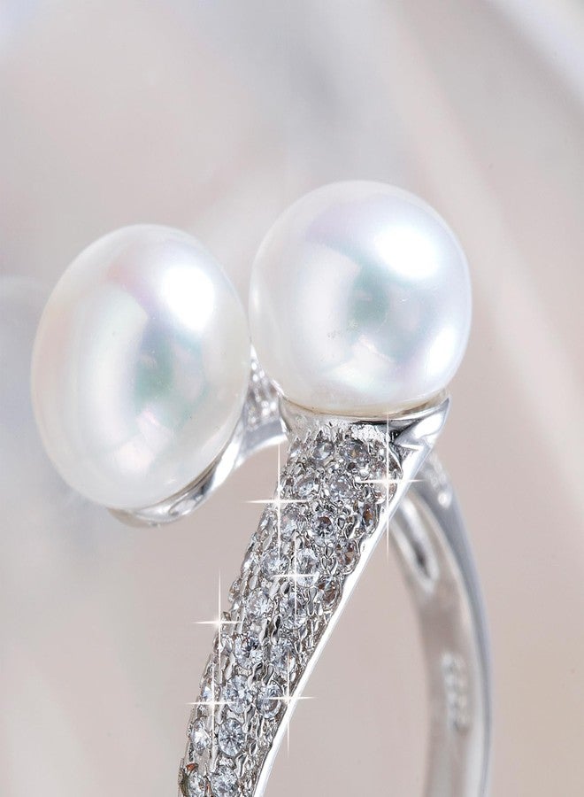 HENGSHENG Pearl Ring Open Twist Stacking Rings for Women Freshwater Bread Pearl with Zirconia Adjustable Crossover Statement Ring Band - White - Image 5